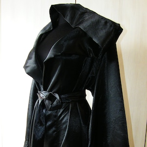 Satin Black Robe, Grim Reaper costume, Ceremonial Robe, Wizard tunic, Warlock dress, Long Hooded Robe, Ritual Robe, Black Witch Robe