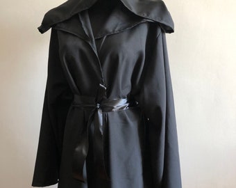 Hooded Black Robe, Medieval Grim Reaper Mantle, Warlock Ritual Tunic Hooded Dress, Kimono with Large Hood