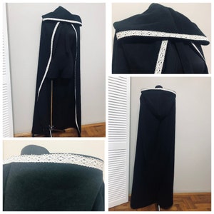 Black Soft Wool Cloak with Cotton Milk Lace, Cotton Lace Hooded Cloak, Wool Cloak, Wool Cape, Long Cloak
