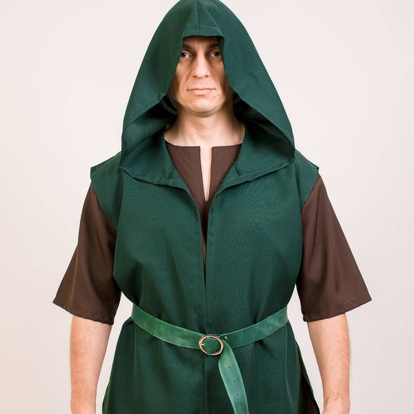 Dark Green Hooded Vest, Medieval Men Vest, Cosplay Costume, Hooded Vest Shirt, Ceremonial Robe