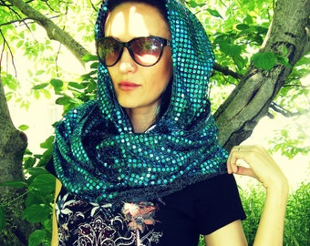 Rounded Hood, Festival hood. Festival Hooded Scarf, Rave Hood collar Blue, Gold, Pink, Turquoise