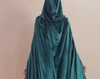 Blue Shade Green Velvet Cloak, Turquoise Green Velvet Cloak, Deep Green Cloak, Hooded Cloak, Forest Witch