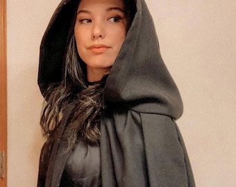 Black Wool Hooded Cloak, Medieval Woolly Cape with Large Hood, Autumn Hooded Warm Maxi Coat