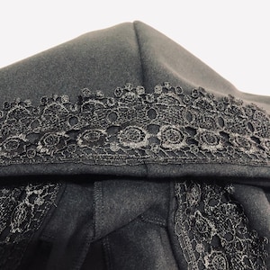 Black Wool Hooded Cloak with Lace, Wool Hooded Coat Lace, Halloween Cape, Wool Hooded Cape, Medieval Cape, Autumn Cloak