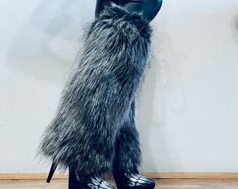 Gray Wolf Faux Fur Leg Warmers, Gray Boot Covers, Wolf Fur Boot Cover, Fur Warmers