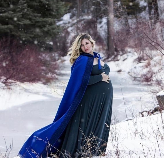 Blue Wool Hooded Cloak With Lace, Royal Blue Wool Hooded