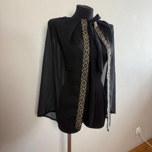 Black Celtic Chiffon Cape, Capelet with Trim, LARp Cloak, Cosplay Trimmed Cape