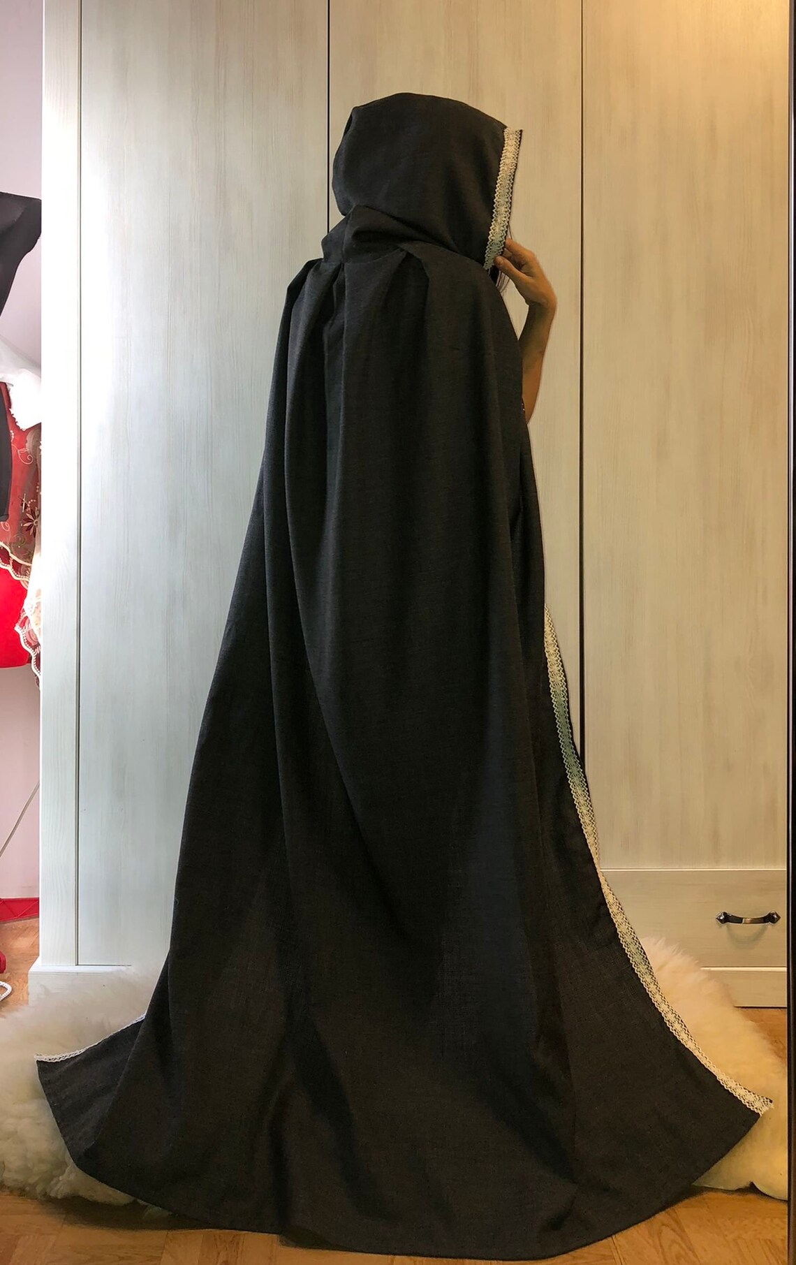 Black Hooded Cloak Hooded Cloak Cotton Lace Trim Halloween Etsy