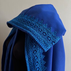 Blue Wool Hooded Cloak with Lace, Royal Blue Wool Hooded Cloak, Wool Hooded Cape, Hooded Coat