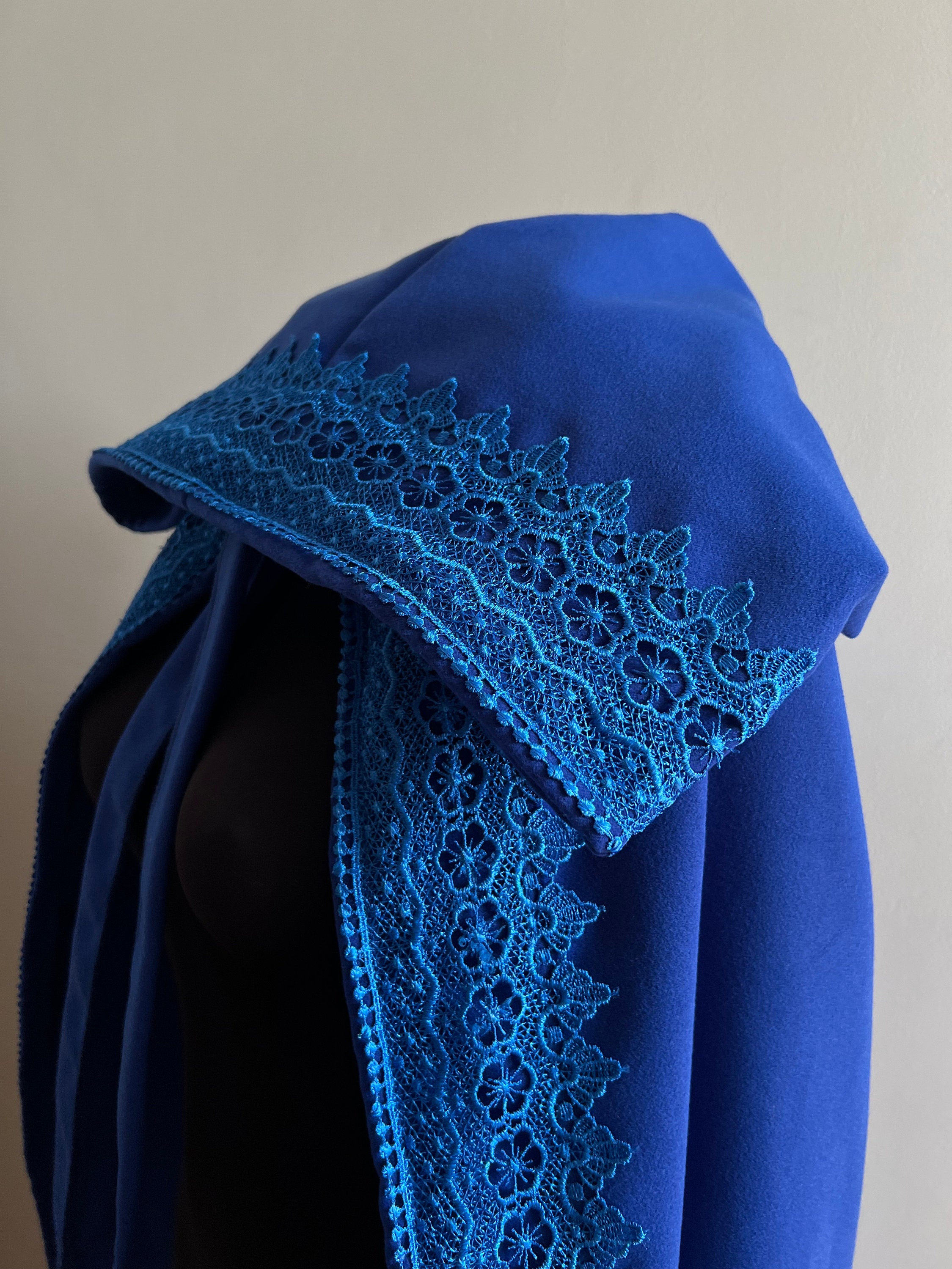 Blue Wool Hooded Cloak With Lace, Royal Blue Wool Hooded