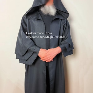 Black Robe, Grim Reaper Costume, Ritual Robe, Wizard Tunic, Hooded Kimono three layers Sleeves, Warlock Dress, Witcher Robe