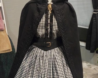 Black Wool Hooded Cloak with Lace, Long Medieval Cape with Large Hood, Autumn Hooded Coat, Wool Mantle