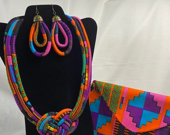 African Print Ankara Necklace With Matching Clutch Bag