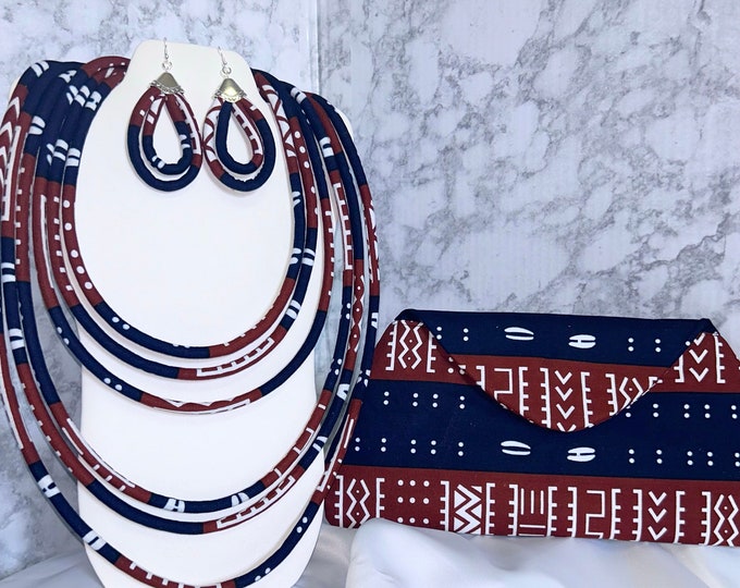 African Print Ankara Statement Necklace With Matching Clutch Bag