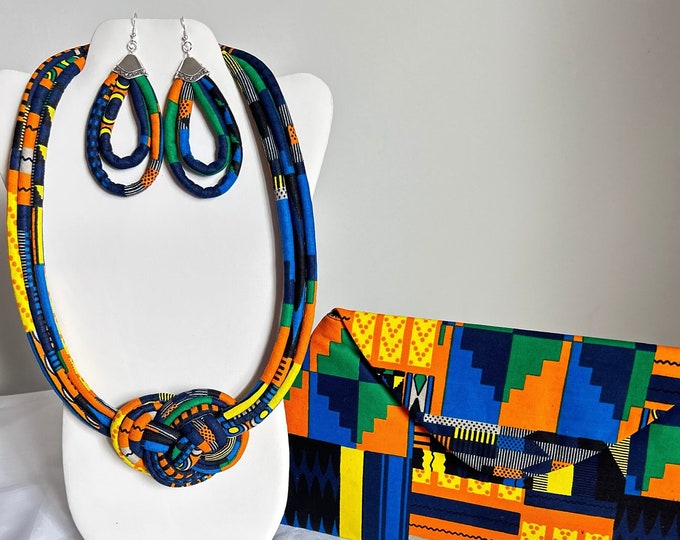 African Print Ankara Necklace With Matching Clutch Bag
