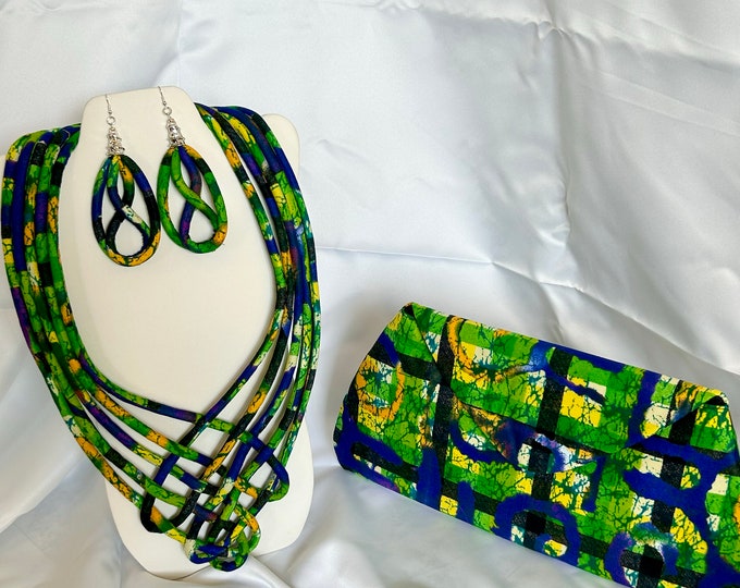 African Print Ankara Statement Necklace With Matching Clutch Bag
