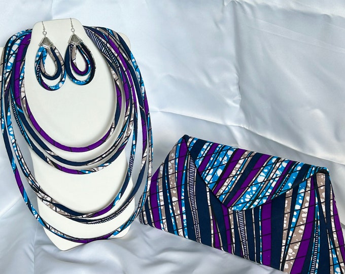 African Print Ankara Statement Necklace With Matching Clutch Bag