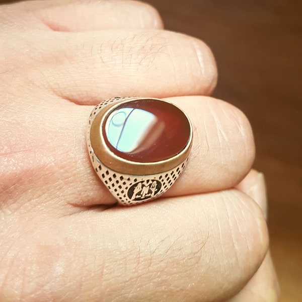 Vintage large agate aqeeq mens handmade Turkish sterling ring . Unique mens agate ring . Handcrafted agate mens ring . Bague homme agate