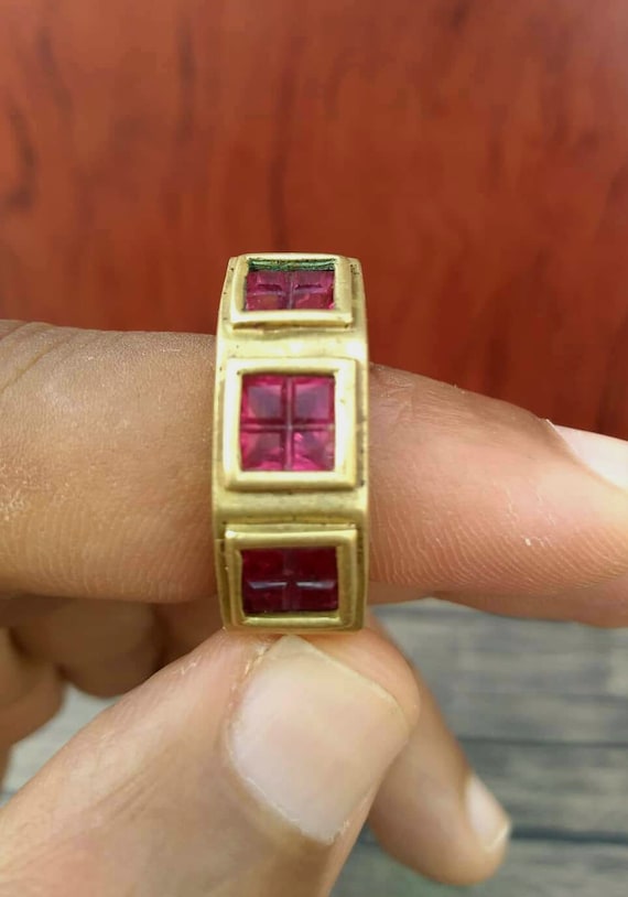 Unique Vintage red ruby and brass handmade ring . 