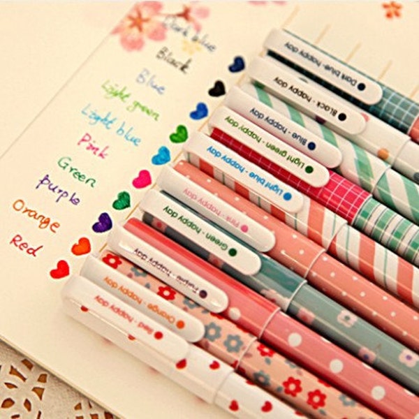 Set of 10 Kawaii Pretty Gel Pens / Each Pen Writes in Different Colour / Multi Colour Pens