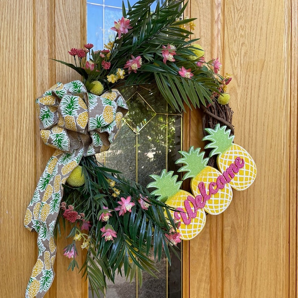 Tropical Welcome Wreath, Pineapple Door Decor, Welcome Door Hanging, Summer Front Door