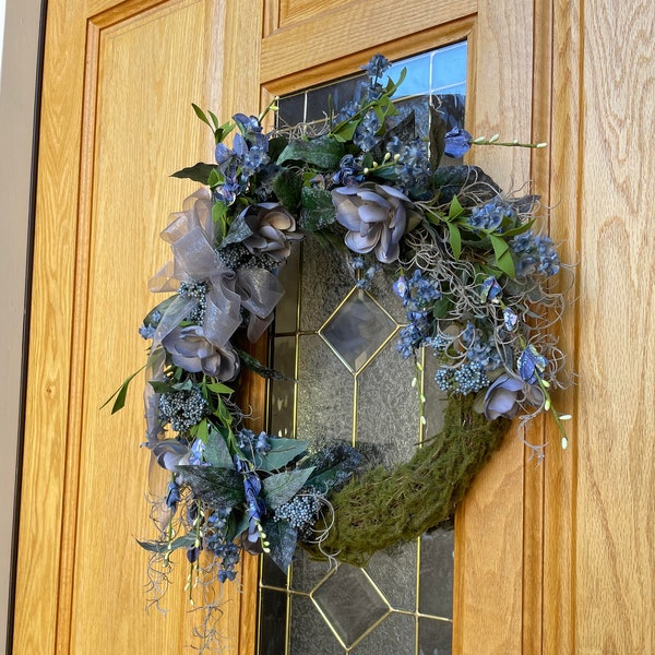 Floral Cottage Wreath, Moss Covered, Blue Florals, Mother's Day Gift, Housewarming Gift