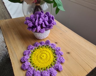 Dessous de verre pot de fleur au crochet