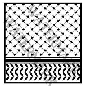 Könnte beinhalten: Schwarz-weißes geometrisches Muster mit einem sich wiederholenden ovalen und gepunkteten Design. Das Design wird von einem schwarzen Rahmen umgeben. Der untere Bereich hat ein blattartiges Muster.