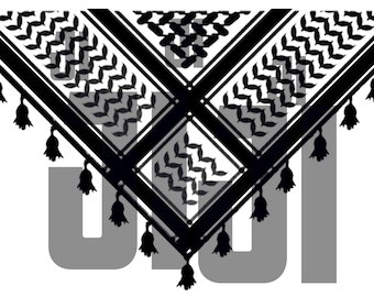 May include: Black and white patterned headscarf with fringe tassels. The pattern is a traditional geometric design.