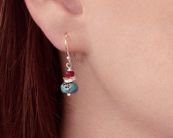 Turquoise silver drop earrings, Turquoise jewellery, Turquoise and ruby drop earrings silver, December birthstone earrings, December gift