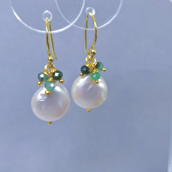 Pearl drop earrings, emerald and pearl earrings, pearl and emerald earrings dangle, Pearl and gold vermeil earrings, May birthday gift ideas