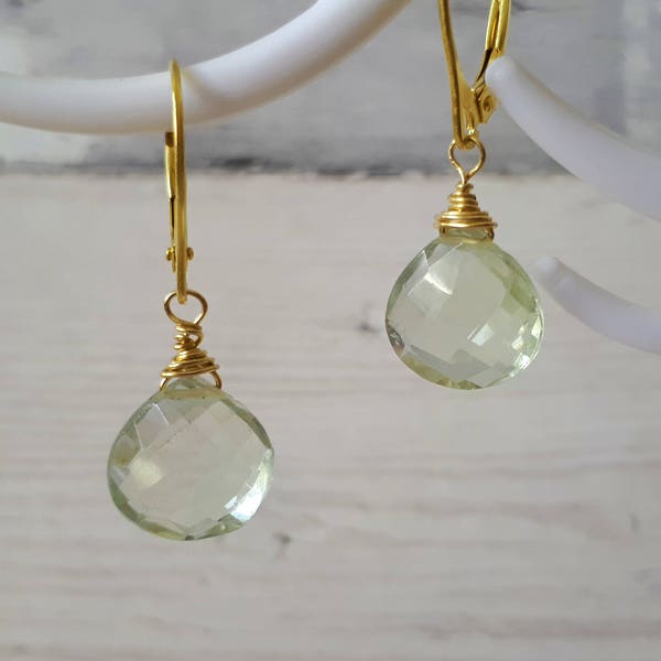 Green amethyst earrings, gold dangle earrings, gold leverback earrings, amethyst jewelry, gift for wife, gemstone earrings