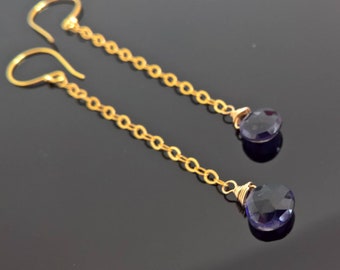 Iolite gold earrings, Water sapphire gold dangle earrings, Iolite drop earrings, September birthday earrings, September birthstone earrings