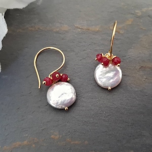 Ruby pearl earrings, ruby earrings gold, drop earrings pearl, July birthday gifts, ruby jewellery, ruby earrings, gold pearl earrings