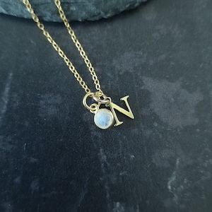 Gold Vermeil Initial Necklace: June Moonstone Birthstone Pendant
