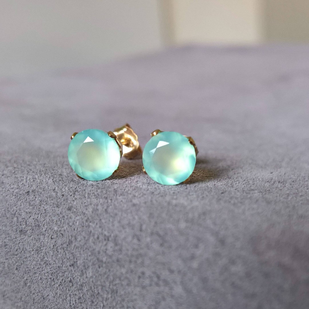 Aqua Chalcedony Stud Earrings Gold Filled Aqua Earrings Etsy