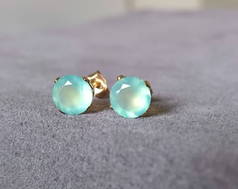 Aqua Chalcedony Stud Earrings: Handmade Gold Filled or Sterling Silver