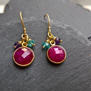 Ruby gold vermeil earrings, gemstone earrings, ruby drop earrings, dainty earrings,  gift for her