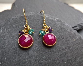 Ruby gold vermeil drop earrings, dainty gemstone earrings,  gift for her