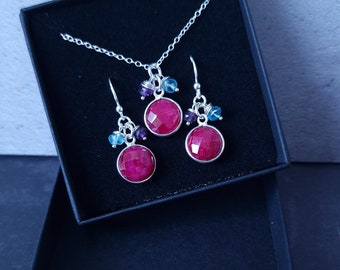 Ruby Sterling Silver Jewelry Set: July Birthstone Necklace and Earrings