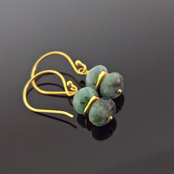 Raw emerald earrings gold, raw emerald drop earrings gold, May birthstone earrings,