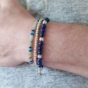 Mens Sterling Silver Bracelet Set: Turquoise, Lapis, Labradorite Stack