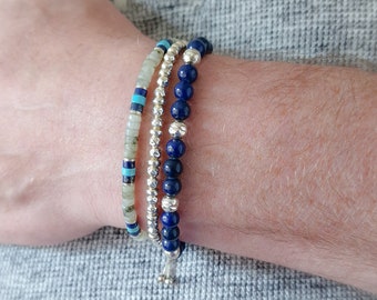 Mens Sterling Silver Bracelet Set: Turquoise, Lapis, Labradorite Stack