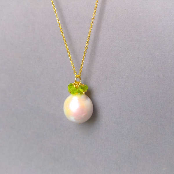 Pearl and peridot gemstone cluster pedant necklace, gold vermeil pearl pendant, bridal necklace, August birthday idea, peridot jewellery