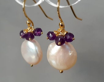 Amethyst pearl earrings, amethyst earrings gold vermeil, pearl drop earrings, February birthday, June birthday gift idea, Valentines gift