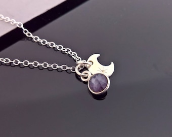 Sapphire pendant necklace sterling silver or gold vermeil, Silver moon necklace, celestial jewelry, September necklace, moon charm necklace