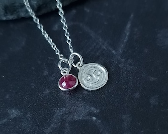 Sterling Silver Cancer Zodiac Necklace: Ruby Birthstone, Astrology Gift