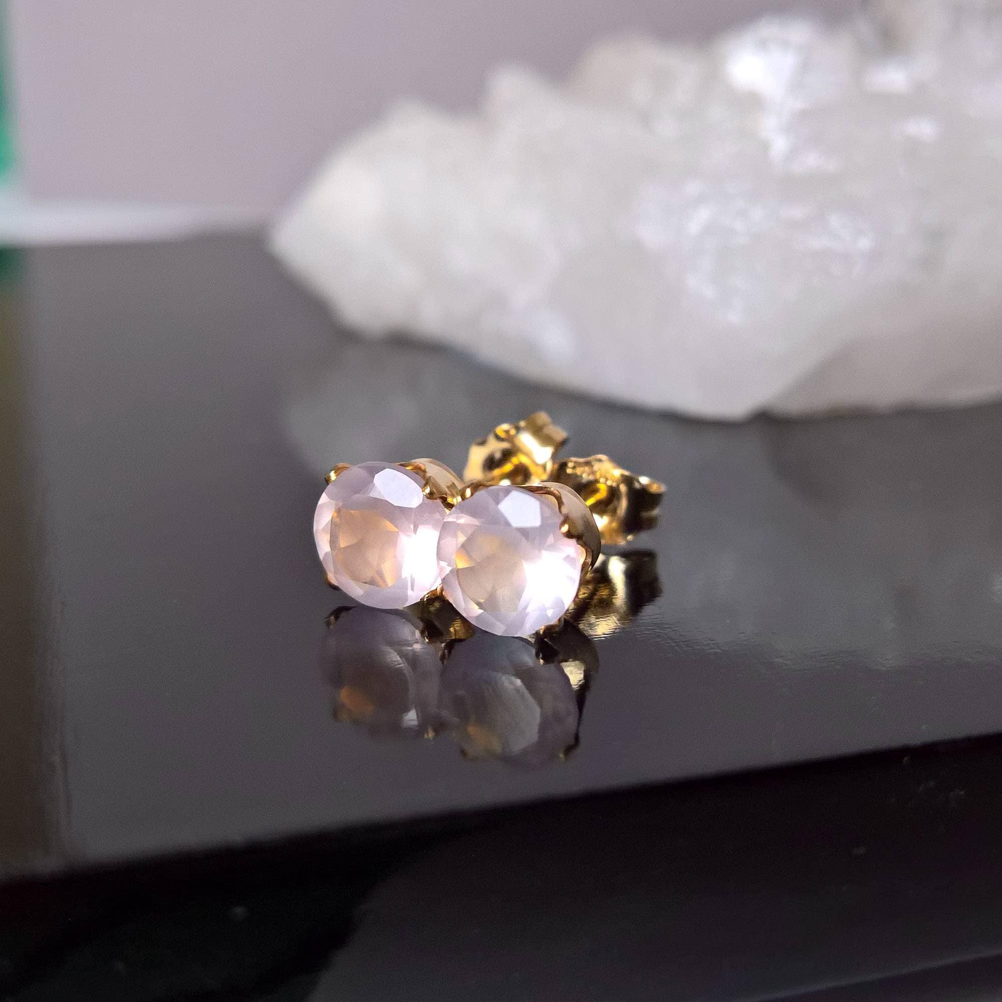 Clous d'oreilles quartz rose argent sterling, boucles d'oreilles quartz rose or, cadeau pour maman, cadeau pour elle, clous d'oreilles 6 mm, clous d'oreilles 5 mm