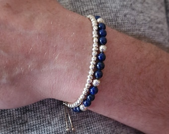 Lapis Lazuli Sterling Silver Bracelet Set - Stacking Beaded Bracelets for Men