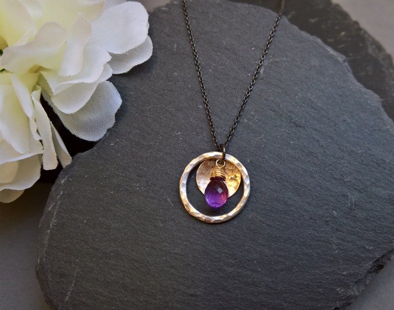 Amethyst pendant necklace, Amethyst necklace, Silver circle pendant necklace, gold pendant necklace, Amethyst jewelry, February birthstone image 1